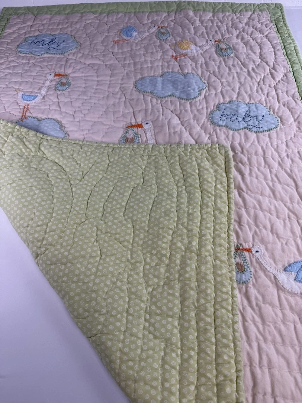 36 X 50 Vintage Pottery Barn Baby Quilt Blanket with  Embroidered Design
